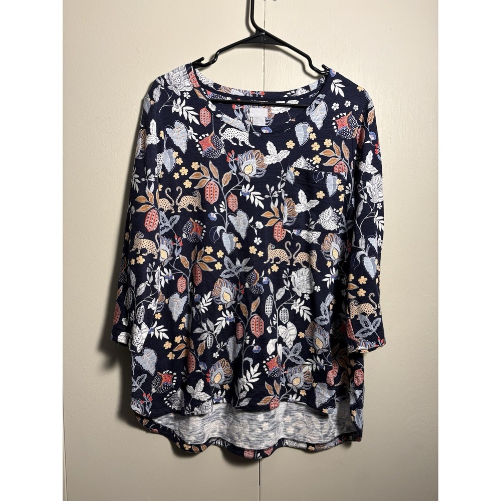 Chico's Size 2 Navy Leopard Floral Tunic 3/4 Sleeve Boho Chic Artsy Whimsical